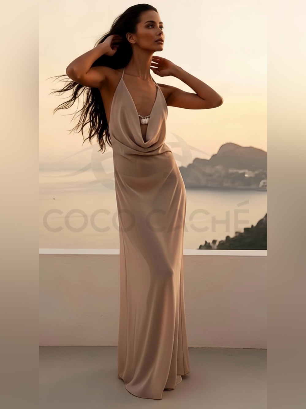 Elegant Chiffon Evening Gown Shell Trim Backless Sheer Maxi Dress Cocktail Party - Picture 4 of 14